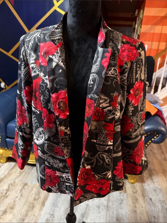 Kim Rogers Jackets & Blazers - Women’s Kim Rogers Black Floral Blazer Jacket with Red Rose Print